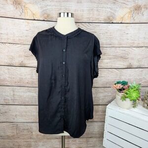 Joie Button Down Top Ruffle Collar Short Sleeve Blouse Black‎ XL